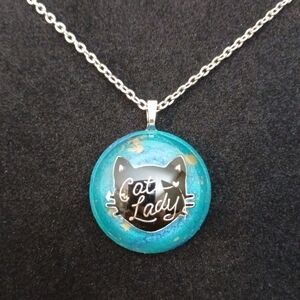 Teal and black Cat Lady round resin pendant on 20" silver necklace new handmade